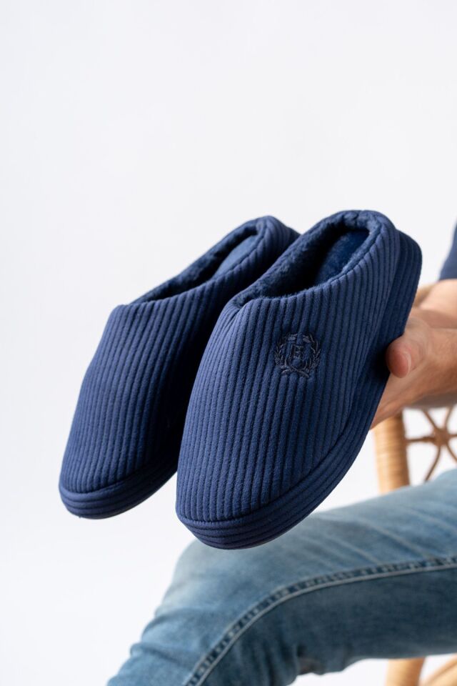 Unisex Nakışlı Kadife Ev Terliği LACİVERT - 45