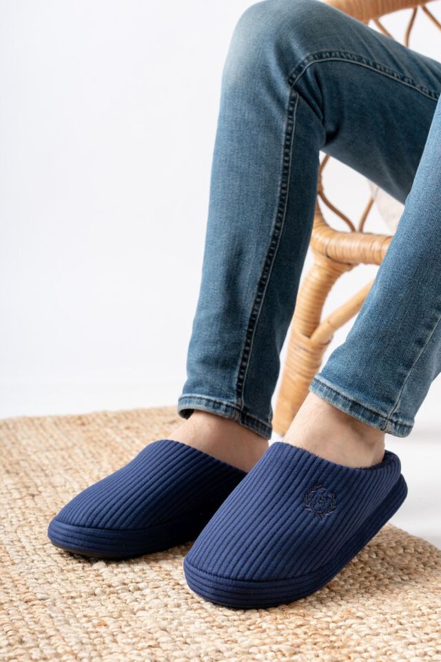 Unisex Nakışlı Kadife Ev Terliği LACİVERT - 45
