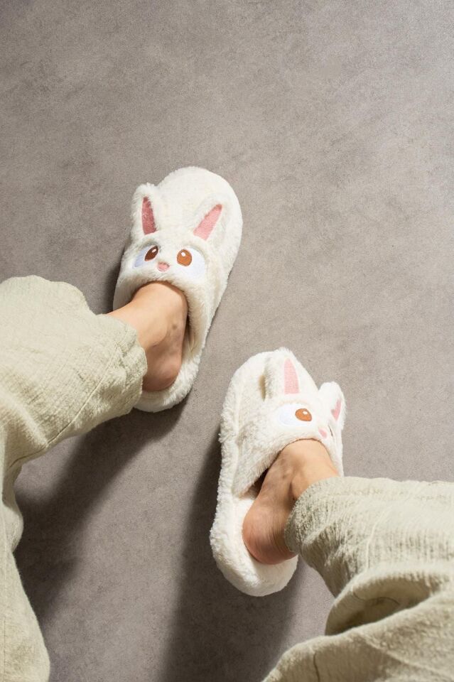 Kadın Tavşan Figürlü Sessiz Taban Peluş Ev Terliği YENİ EKRU - 40-41