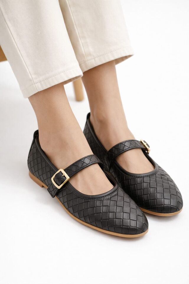 Kadın Babet ayakkabı Klasik Örgü Deri Desenli Esnekligi Ve Zarif Günlük Babet SİYAH - 38