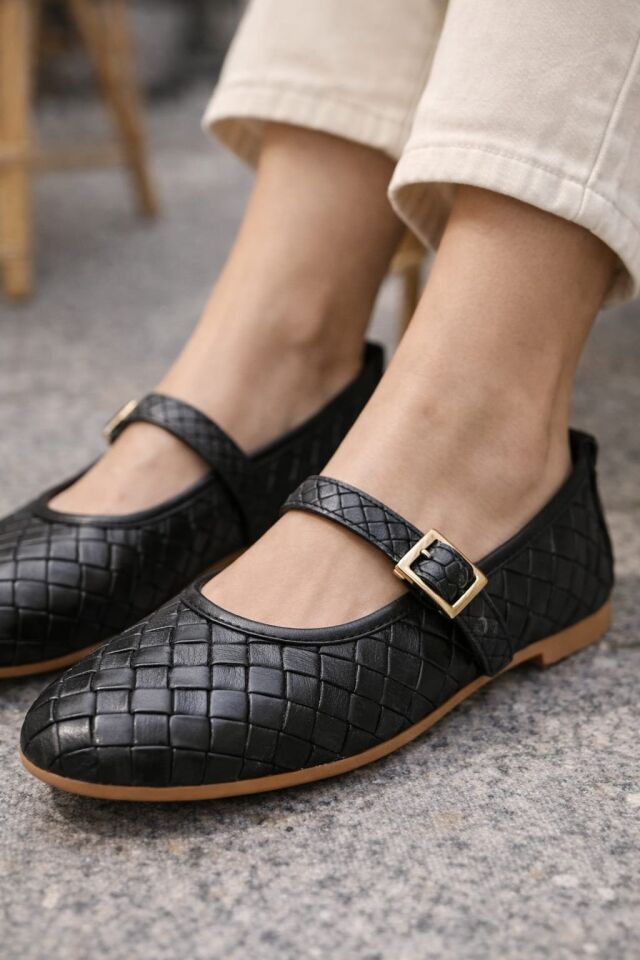 Kadın Babet ayakkabı Klasik Örgü Deri Desenli Esnekligi Ve Zarif Günlük Babet SİYAH - 38