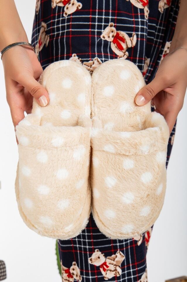 Kadın Yıldızlı Peluş Ev Terliği Çeyiz-bohça Terliği PUANTİYELİ KREM - 36