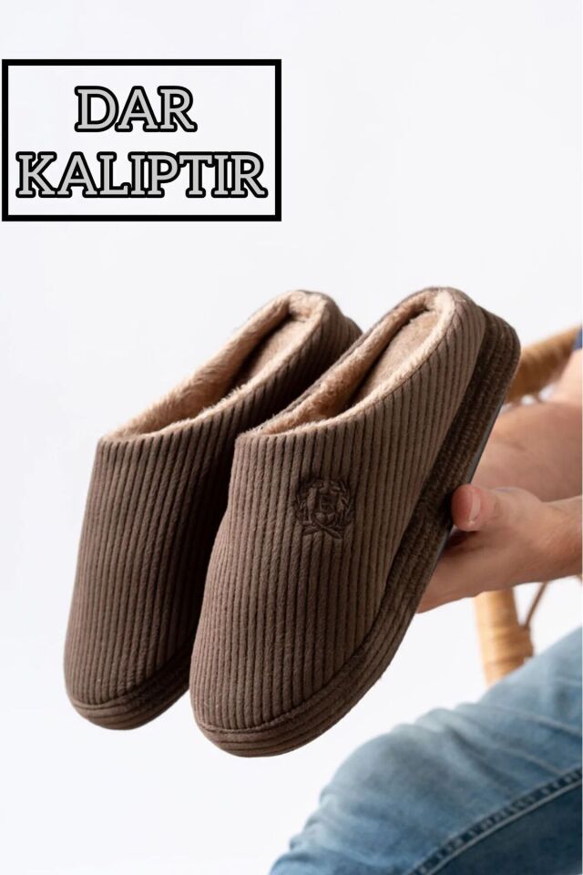 Unisex Nakışlı Kadife Ev Terliği KAHVERENGİ - 44