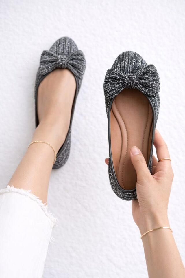 Kadın Simli Taşlı Fiyonklu Babet Ayakkabı – Rahat, Şık, Günlük Kullanım PLATİN - 40