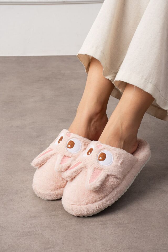 Kadın Tavşan Figürlü Sessiz Taban Peluş Ev Terliği YENİ PUDRA - 38-39