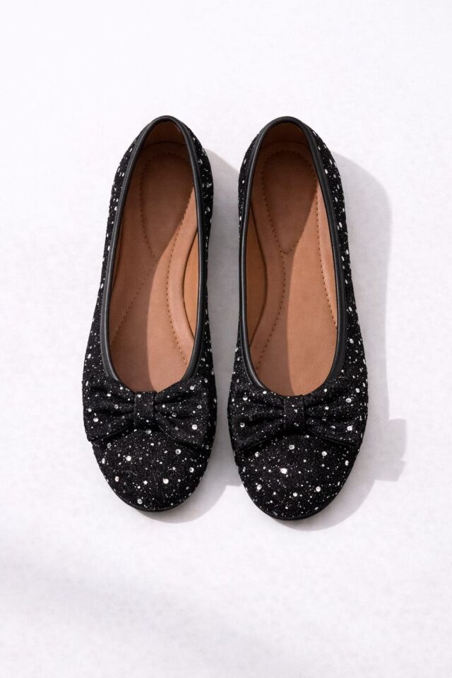 Kadın Simli Taşlı Fiyonklu Babet Ayakkabı – Rahat, Şık, Günlük Kullanım SİYAH - 38