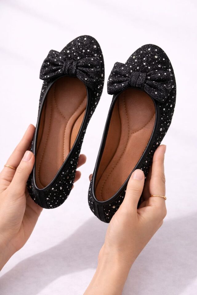 Kadın Simli Taşlı Fiyonklu Babet Ayakkabı – Rahat, Şık, Günlük Kullanım SİYAH - 38