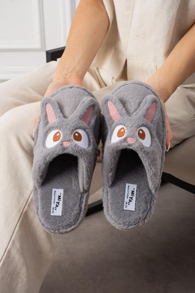 Kadın Tavşan Figürlü Sessiz Taban Peluş Ev Terliği YENİ GRİ - 40