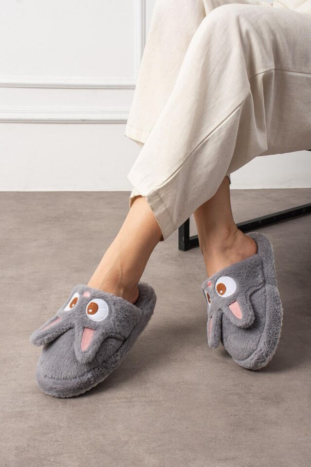 Kadın Tavşan Figürlü Sessiz Taban Peluş Ev Terliği YENİ GRİ - 40