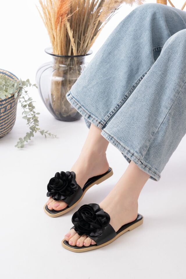 Gül Detay Kadın Terlik Rahat Hafif Taban SİYAH - 37