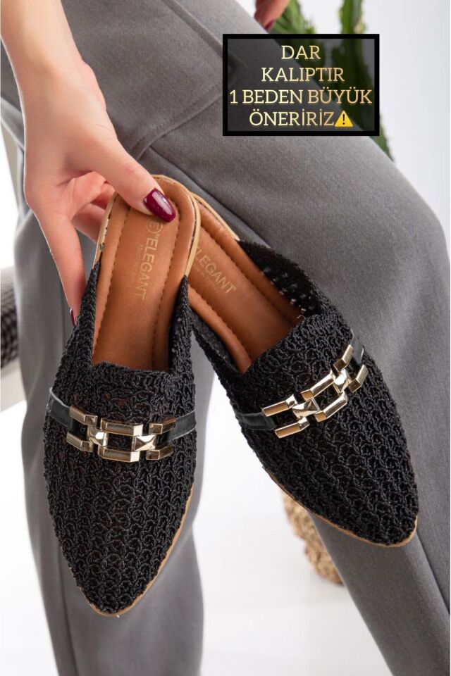 Kadın Dantel İşlemeli Zincirli Ev Terliği Dış Mekan Terliği SİYAH - 38