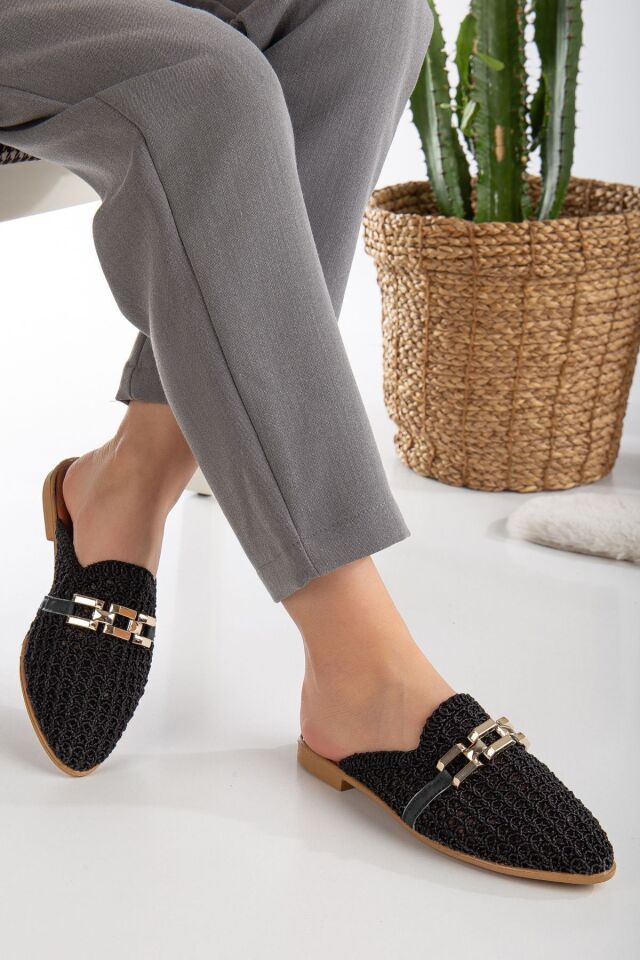 Kadın Dantel İşlemeli Zincirli Ev Terliği Dış Mekan Terliği SİYAH - 38