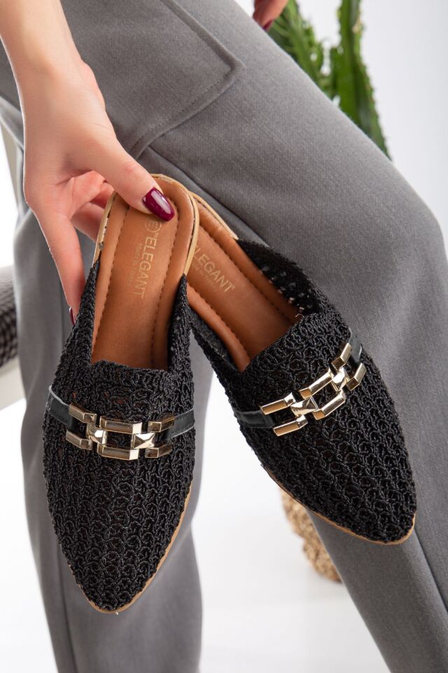 Kadın Dantel İşlemeli Zincirli Ev Terliği Dış Mekan Terliği SİYAH - 37