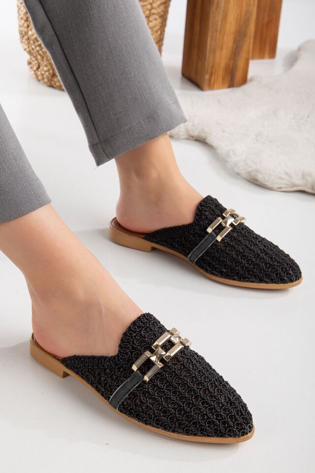 Kadın Dantel İşlemeli Zincirli Ev Terliği Dış Mekan Terliği SİYAH - 37