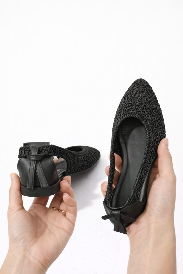 Kadın Hasırlı Yanı Açık Arkası Fiyonk Babet Ev ve Dış Mekan Ayakkabısı SİYAH - 40