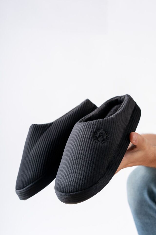 Unisex Nakışlı Kadife Ev Terliği SİYAH - 45