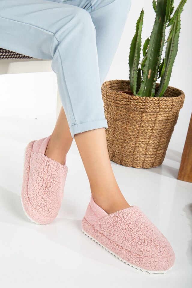 Kuzu Kumaş Yünlü Sessiz Taban Lastikli Kadın Ev Ayakkabısı Ev Botu Panduf PUDRA - 36