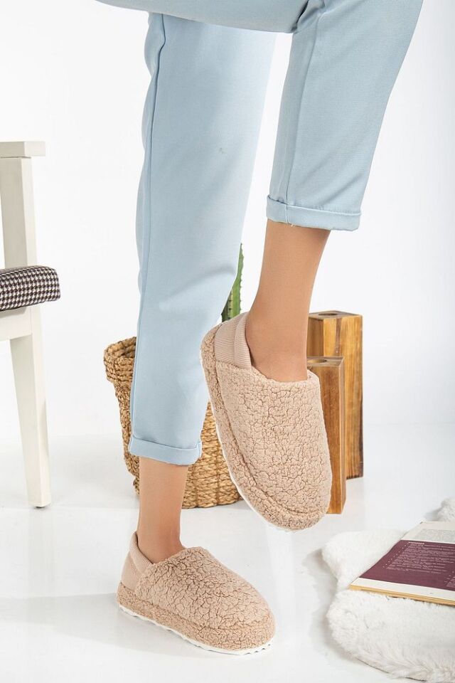 Kuzu Kumaş Yünlü Sessiz Taban Lastikli Kadın Ev Ayakkabısı Ev Botu Panduf PUDRA - 36