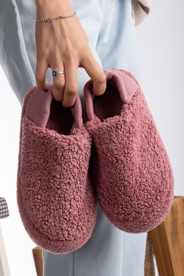 Kuzu Kumaş Yünlü Sessiz Taban Lastikli Kadın Ev Ayakkabısı Ev Botu Panduf PUDRA - 36