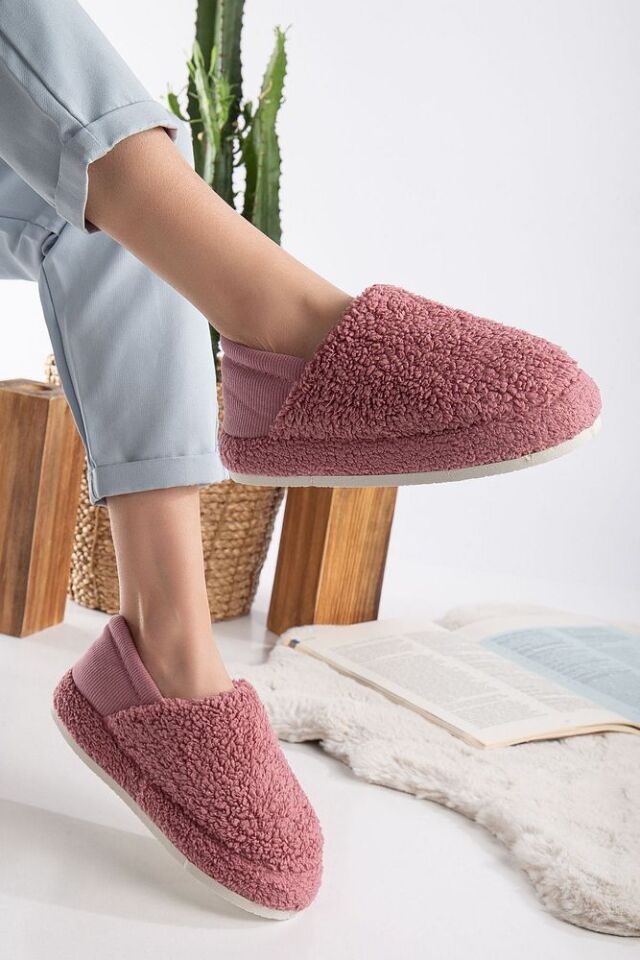 Kuzu Kumaş Yünlü Sessiz Taban Lastikli Kadın Ev Ayakkabısı Ev Botu Panduf PUDRA - 36