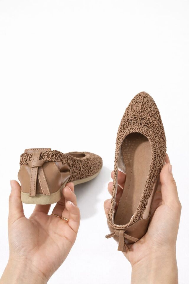 Kadın Hasırlı Yanı Açık Arkası Fiyonk Babet Ev ve Dış Mekan Ayakkabısı VİZON - 40