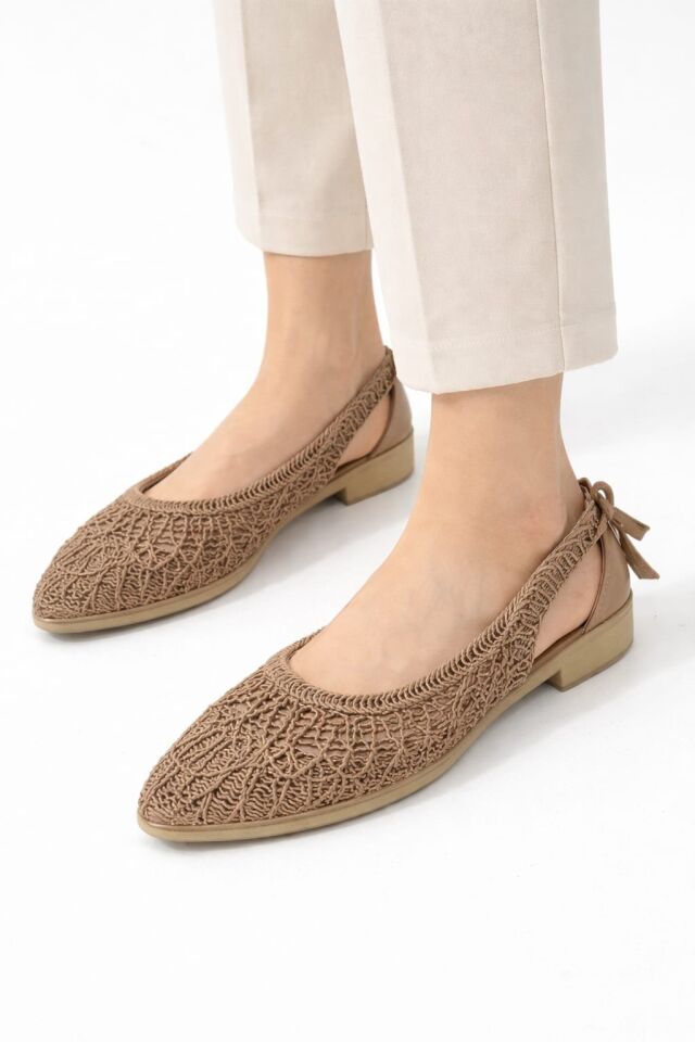 Kadın Hasırlı Yanı Açık Arkası Fiyonk Babet Ev ve Dış Mekan Ayakkabısı VİZON - 40