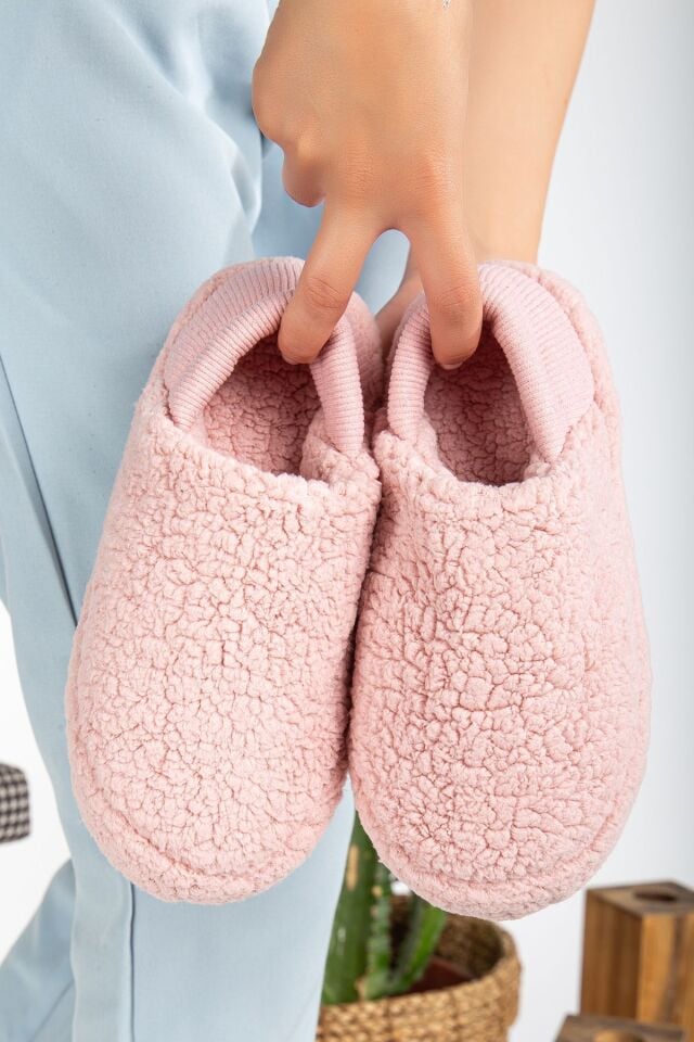 Kuzu Kumaş Yünlü Sessiz Taban Lastikli Kadın Ev Ayakkabısı Ev Botu Panduf PUDRA - 40