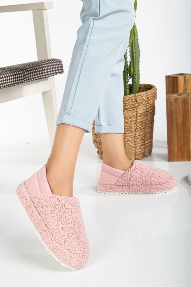 Kuzu Kumaş Yünlü Sessiz Taban Lastikli Kadın Ev Ayakkabısı Ev Botu Panduf PUDRA - 40