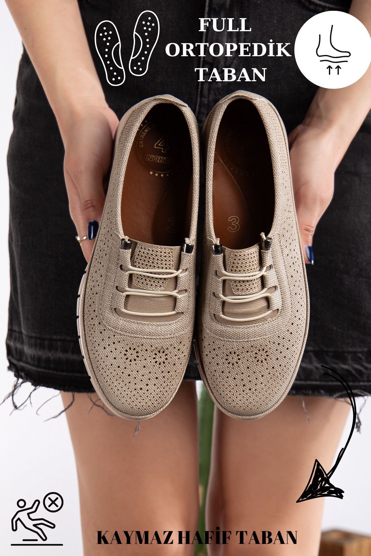 Kadın Delikli Kot Bağcık Detaylı Delikli Kot Anne Ayakkabısı Günlük Ayakkabı Babet VİZON - 38