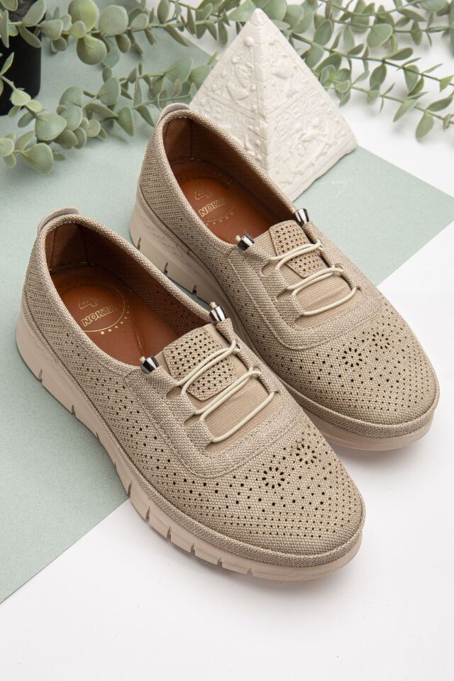 Kadın Delikli Kot Bağcık Detaylı Delikli Kot Anne Ayakkabısı Günlük Ayakkabı Babet VİZON - 38