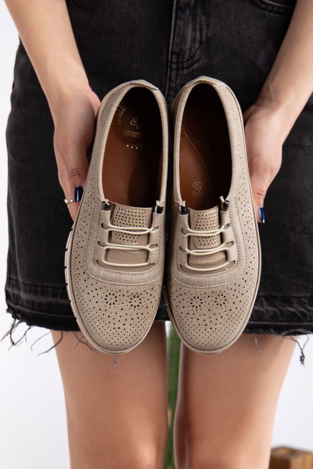 Kadın Delikli Kot Bağcık Detaylı Delikli Kot Anne Ayakkabısı Günlük Ayakkabı Babet VİZON - 38