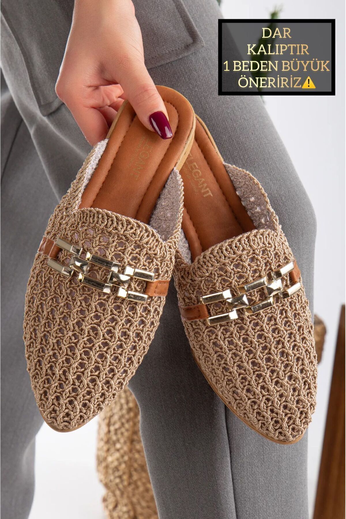 Kadın Dantel İşlemeli Zincirli Ev Terliği Dış Mekan Terliği VİZON - 40