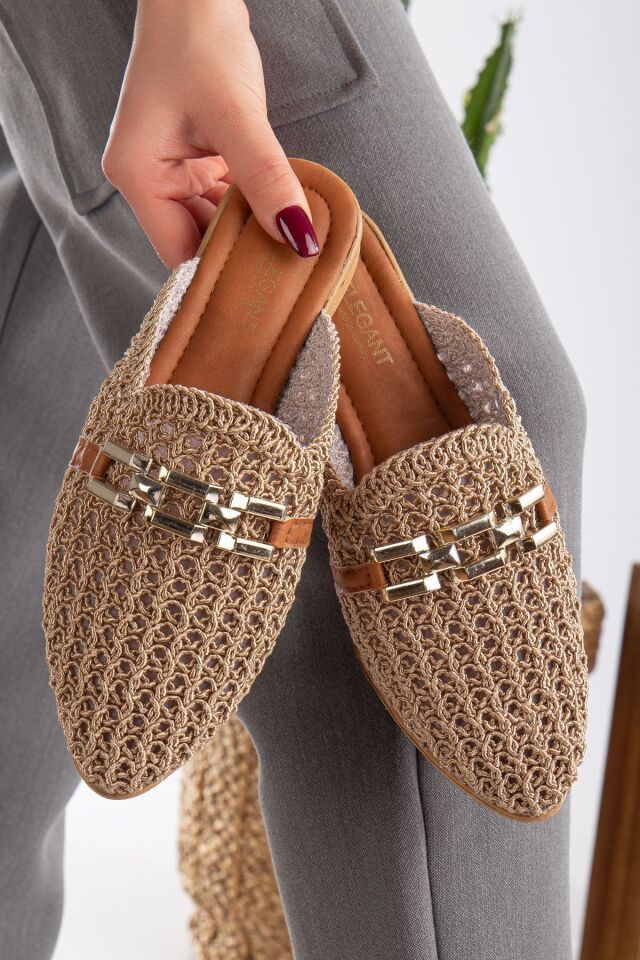 Kadın Dantel İşlemeli Zincirli Ev Terliği Dış Mekan Terliği VİZON - 40