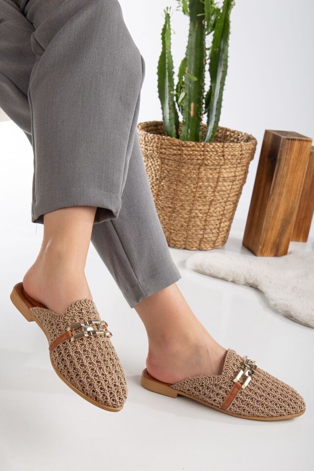 Kadın Dantel İşlemeli Zincirli Ev Terliği Dış Mekan Terliği VİZON - 40