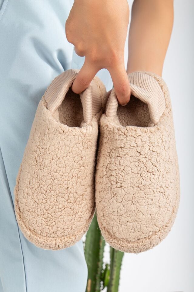 Kuzu Kumaş Yünlü Sessiz Taban Lastikli Kadın Ev Ayakkabısı Ev Botu Panduf VİZON - 37