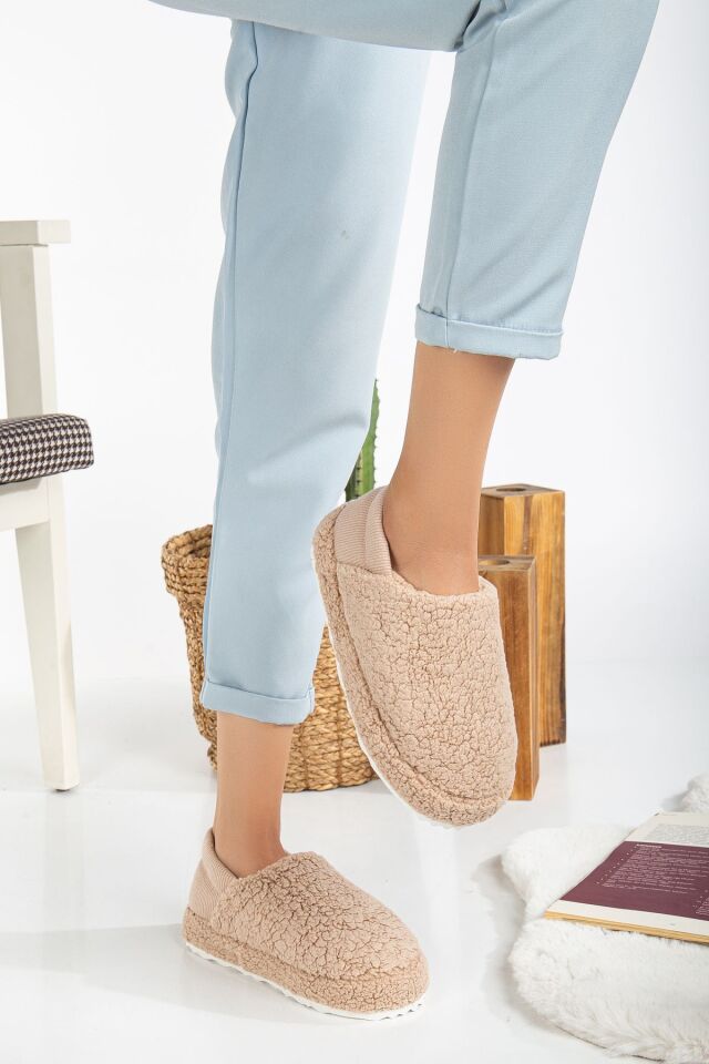 Kuzu Kumaş Yünlü Sessiz Taban Lastikli Kadın Ev Ayakkabısı Ev Botu Panduf VİZON - 37