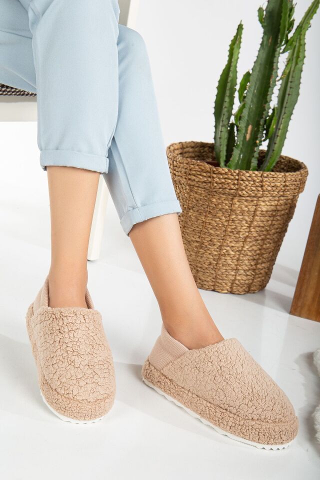 Kuzu Kumaş Yünlü Sessiz Taban Lastikli Kadın Ev Ayakkabısı Ev Botu Panduf VİZON - 39