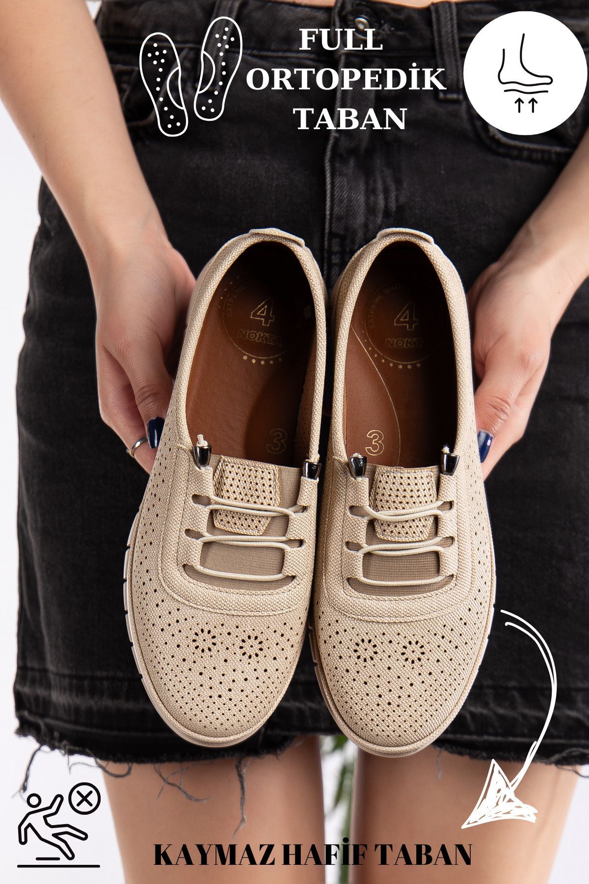 Kadın Delikli Kot Bağcık Detaylı Delikli Kot Anne Ayakkabısı Günlük Ayakkabı Babet KREM - 38