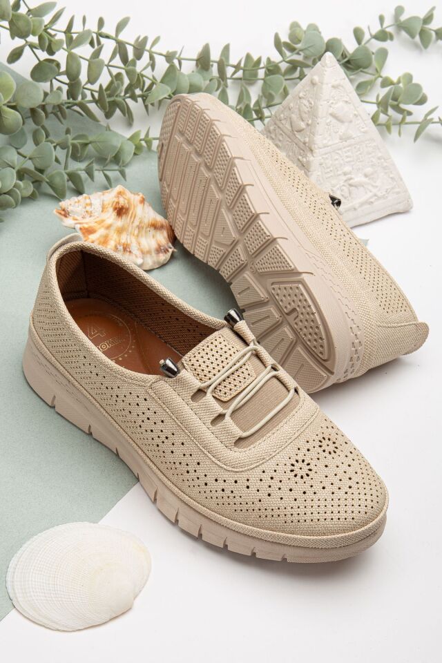 Kadın Delikli Kot Bağcık Detaylı Delikli Kot Anne Ayakkabısı Günlük Ayakkabı Babet KREM - 38