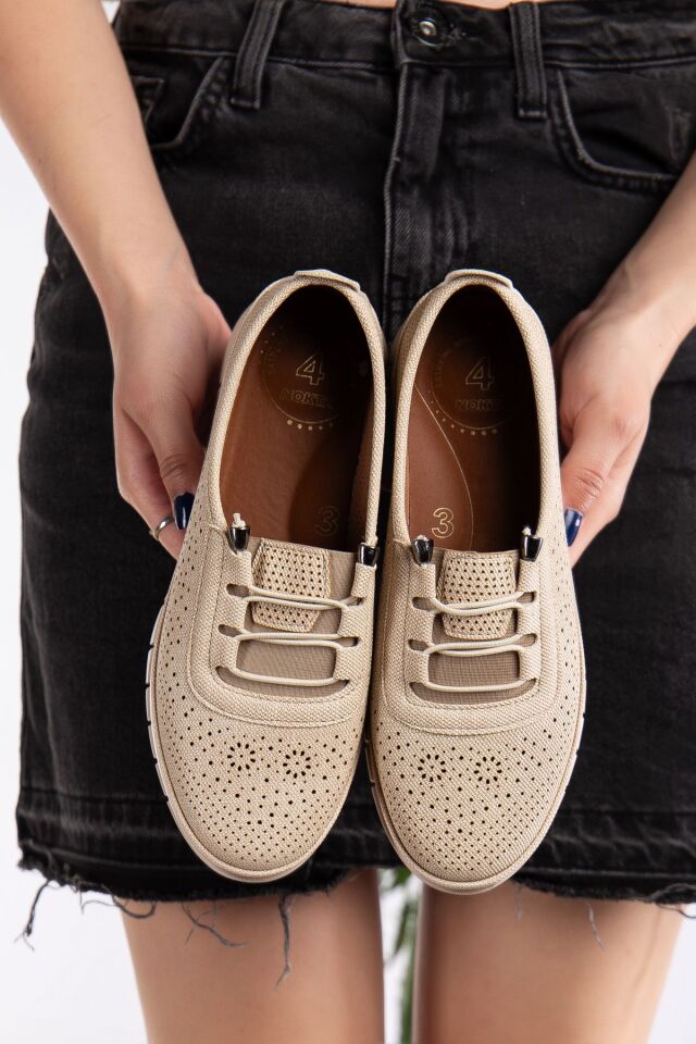 Kadın Delikli Kot Bağcık Detaylı Delikli Kot Anne Ayakkabısı Günlük Ayakkabı Babet KREM - 38