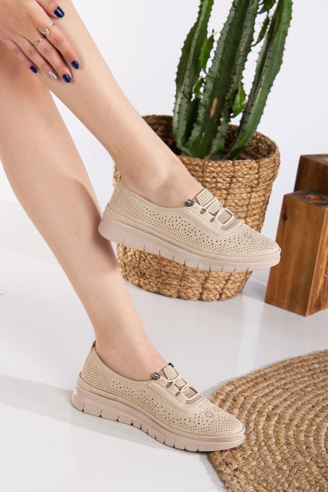Kadın Delikli Kot Bağcık Detaylı Delikli Kot Anne Ayakkabısı Günlük Ayakkabı Babet KREM - 38