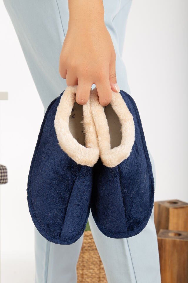Unisex Peluş Içi Yünlü Kışlık Panduf Ev Pandufu LACİVERT LACİVERT - 40