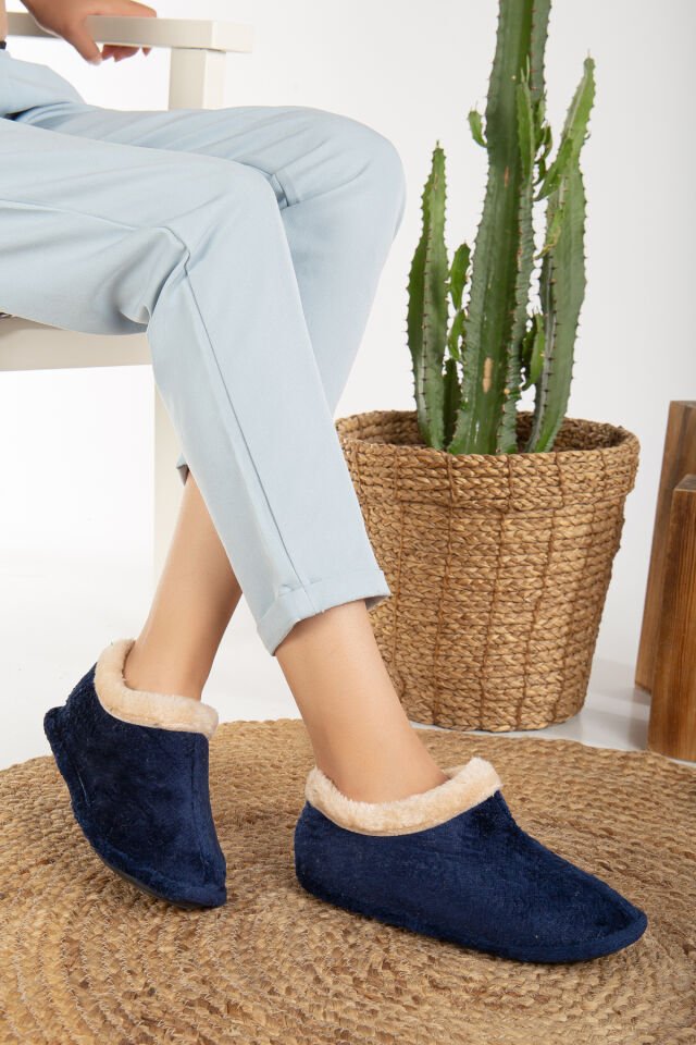 Unisex Peluş Içi Yünlü Kışlık Panduf Ev Pandufu LACİVERT LACİVERT - 40