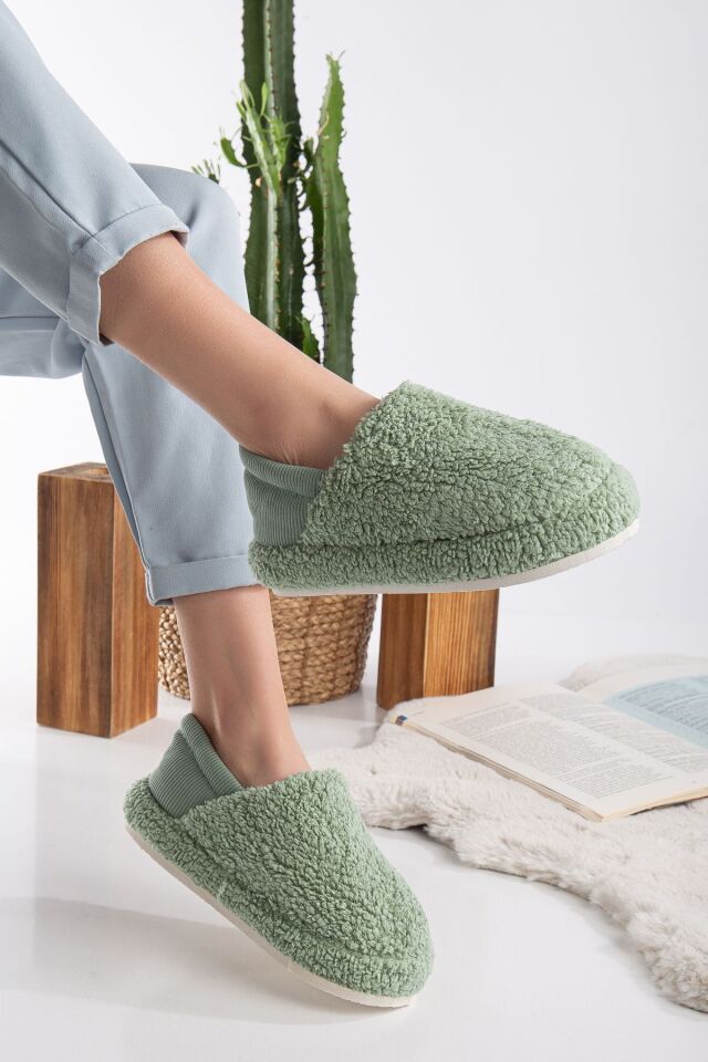 Kuzu Kumaş Yünlü Sessiz Taban Lastikli Kadın Ev Ayakkabısı Ev Botu Panduf HAKİ - 36