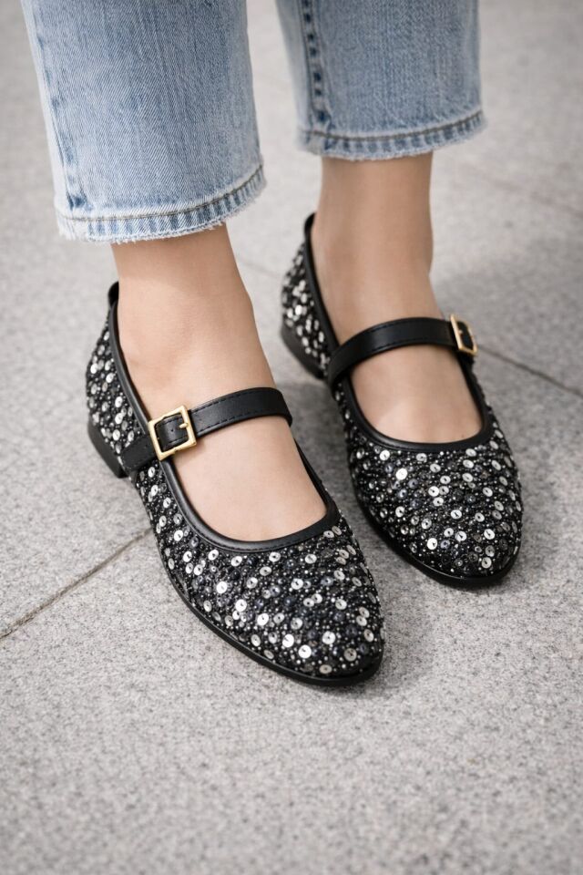 Pullu Simli Payetli Toka Detaylı Kadın Şık Günlük Babet GÜMÜŞ TOKALI - 40