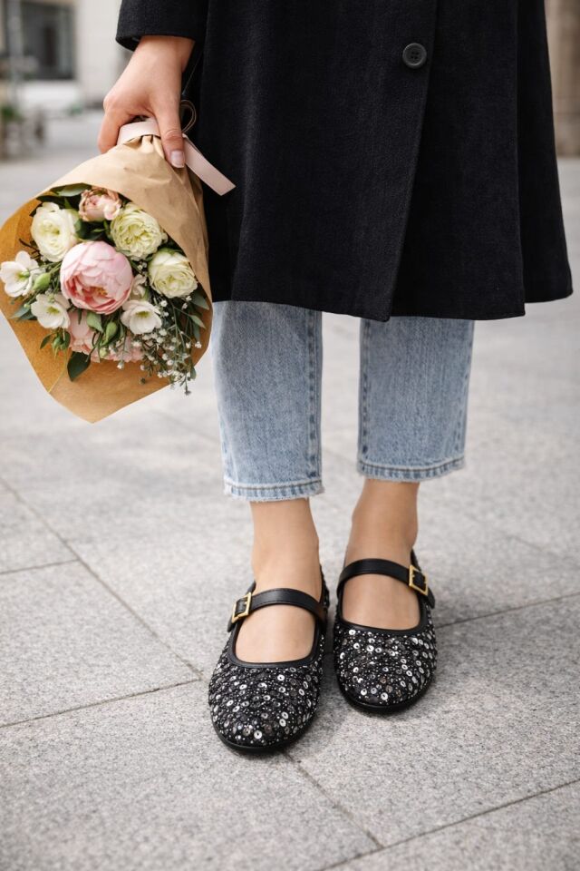 Pullu Simli Payetli Toka Detaylı Kadın Şık Günlük Babet GÜMÜŞ TOKALI - 40