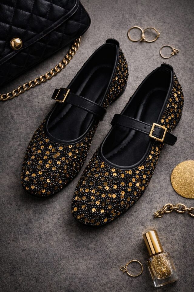 Pullu Simli Payetli Toka Detaylı Kadın Şık Günlük Babet ALTIN TOKALI - 40