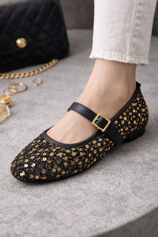 Pullu Simli Payetli Toka Detaylı Kadın Şık Günlük Babet ALTIN TOKALI - 40