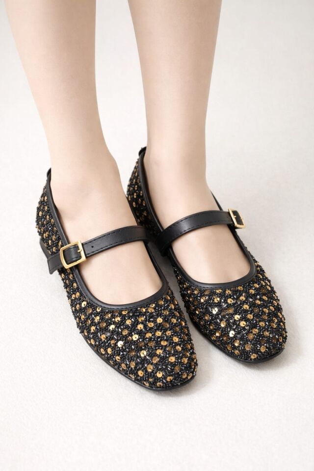 Pullu Simli Payetli Toka Detaylı Kadın Şık Günlük Babet ALTIN TOKALI - 40