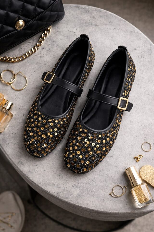 Pullu Simli Payetli Toka Detaylı Kadın Şık Günlük Babet ALTIN TOKALI - 40